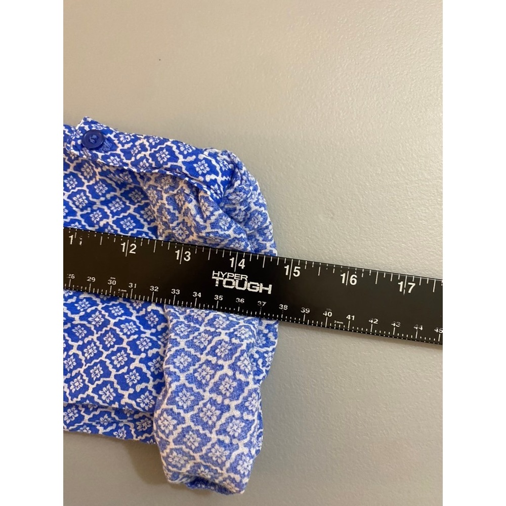 Hester & Orchard XL Blue White Geometric Cotton Roll Tab Pintuck Blouse Boho - Picture 13 of 15